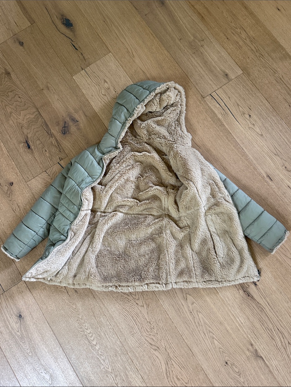 REVERSIBLE! Kids Hooded Puffer Coat in Sage Green with tan Plush Lining. Warm.